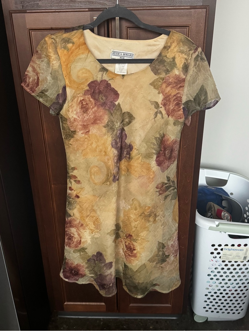 Vintage 90s Jessica Howard Crinkle Floral Shift Mini Dress Size 10P Sheer Overla